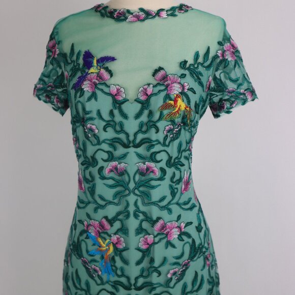 Tadashi Verena Green Sheer Illusion Embroider Floral Birds Lace Bodycon Dress - Picture 3 of 9